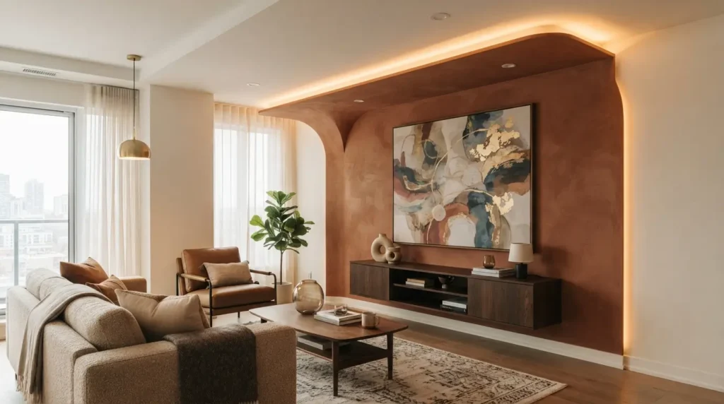 Bottom reveal coved ceiling design framing a textured accent wall with art
