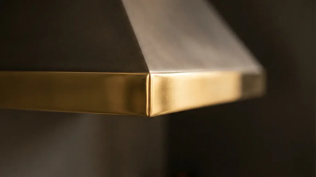 Close-up of polished brass trim banding on a range hood
