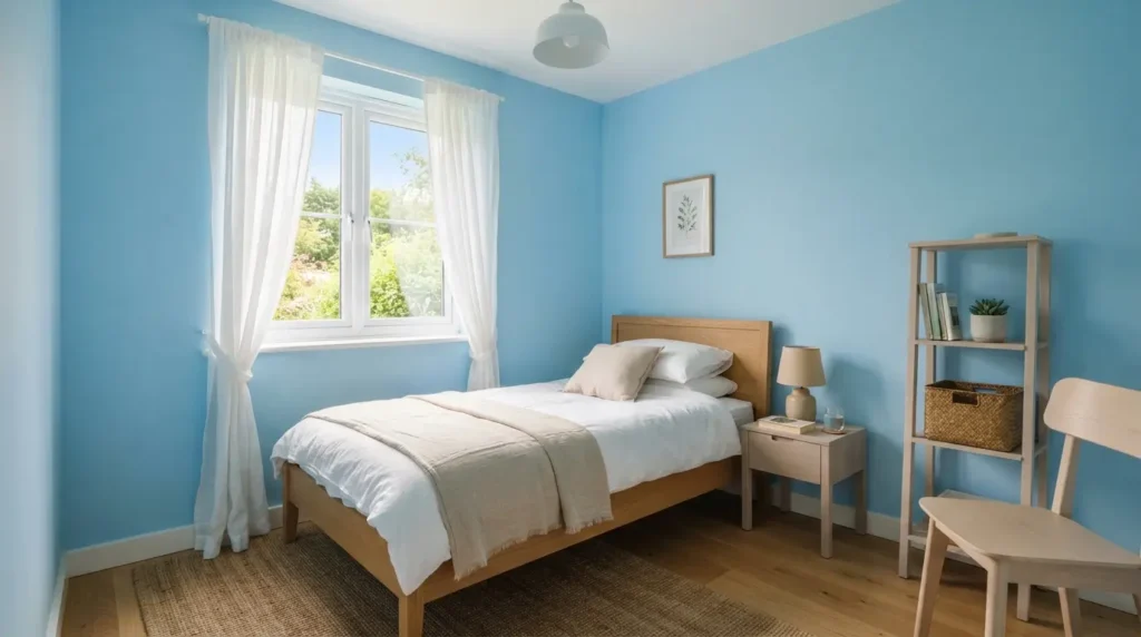 Small bedroom with bright light blue walls and light furniture
