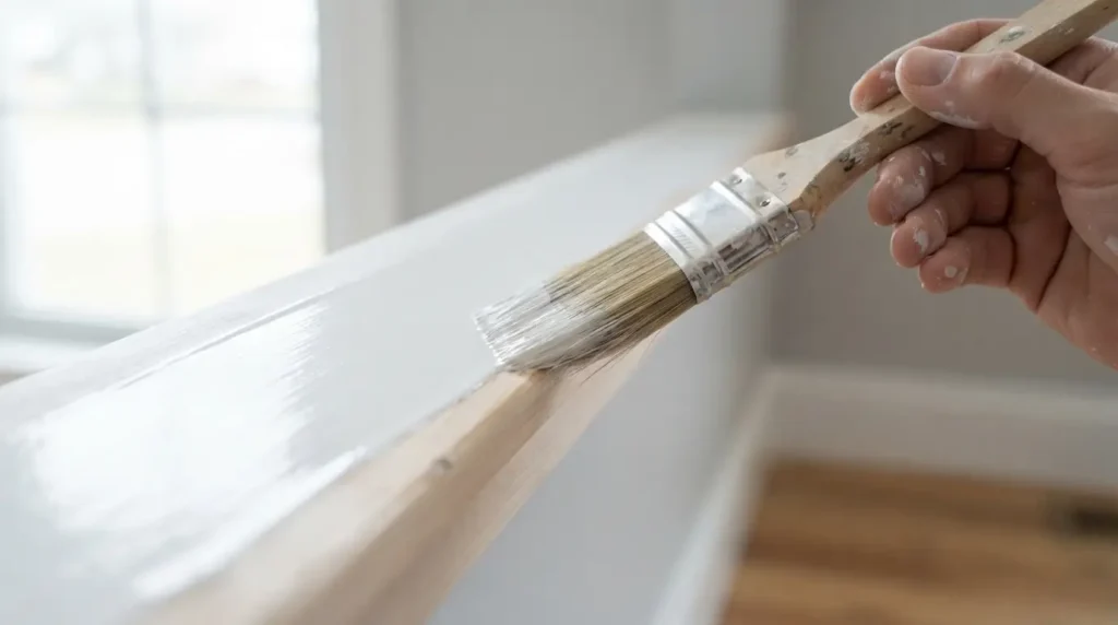 Close-up of a paintbrush laying a thin, even coat of white paint on wood trim