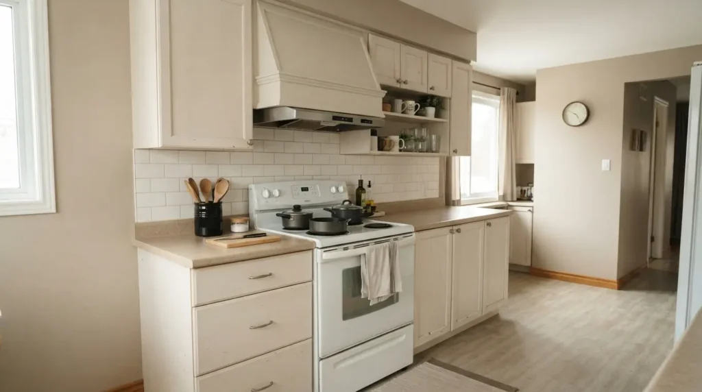 Simple DIY range hood with a painted wood surround on a budget