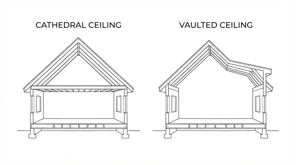 Side-by-side diagram showing symmetrical vaulted ceiling vs cathedral ceiling shape

