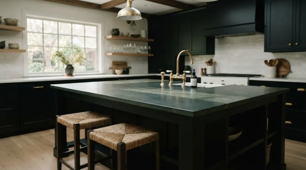 How to clean soapstone countertops: freshly oiled charcoal patina in farmhouse kitchen