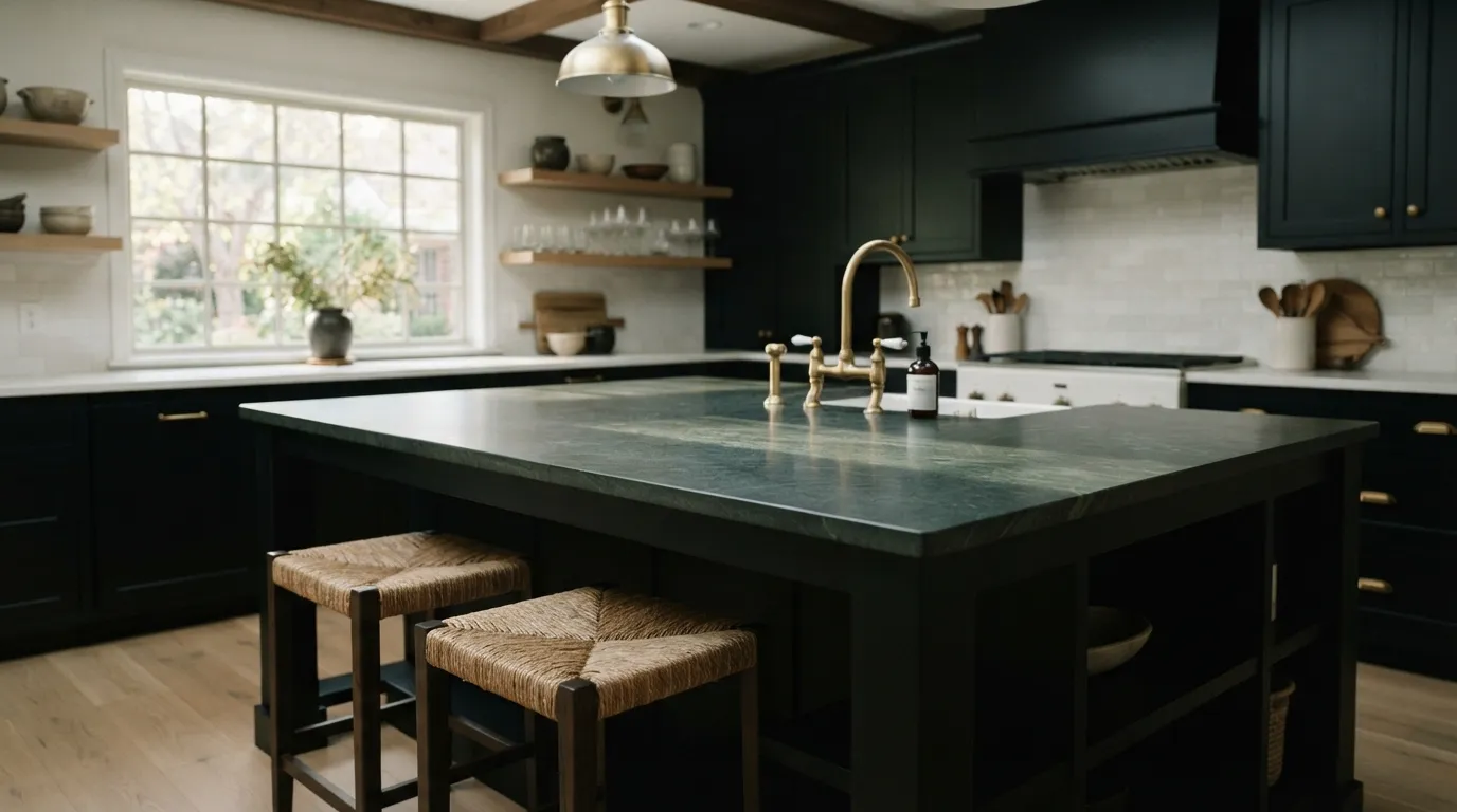How to clean soapstone countertops: freshly oiled charcoal patina in farmhouse kitchen
