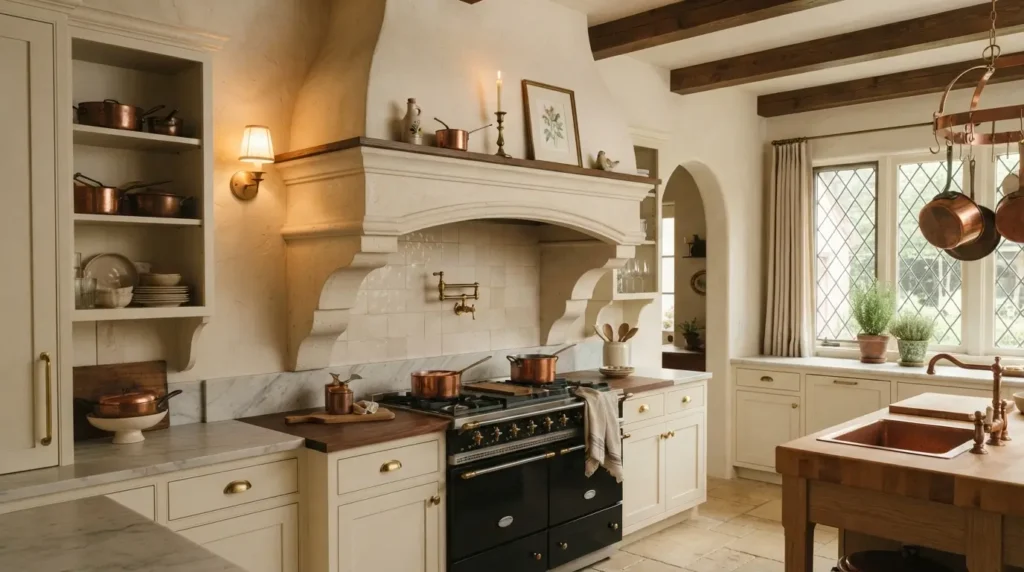  Chateau style range hood with a display shelf above it
