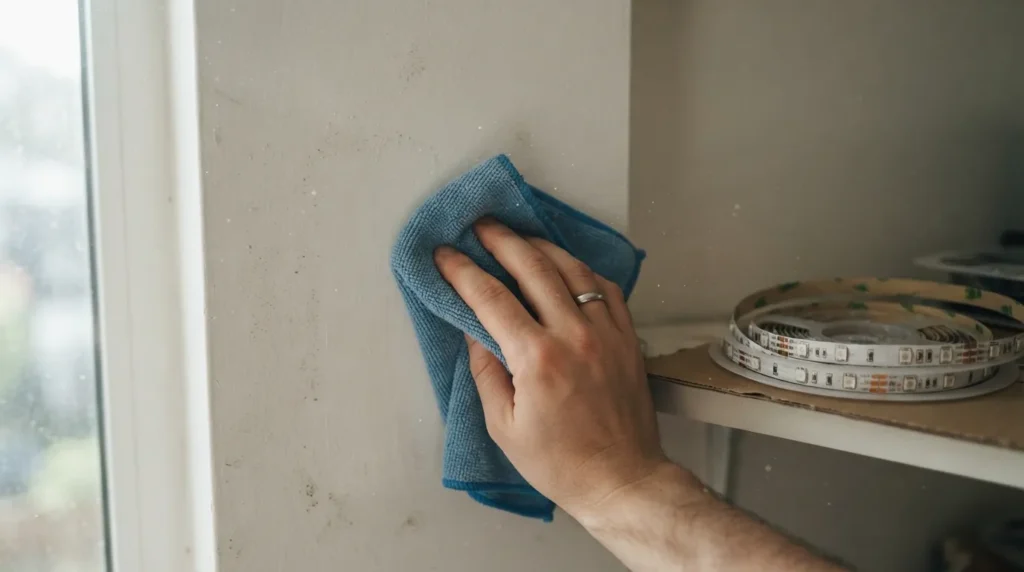 A cloth wiping dust from a wall surface before an LED strip light is applied, showing proper preparation before installation
