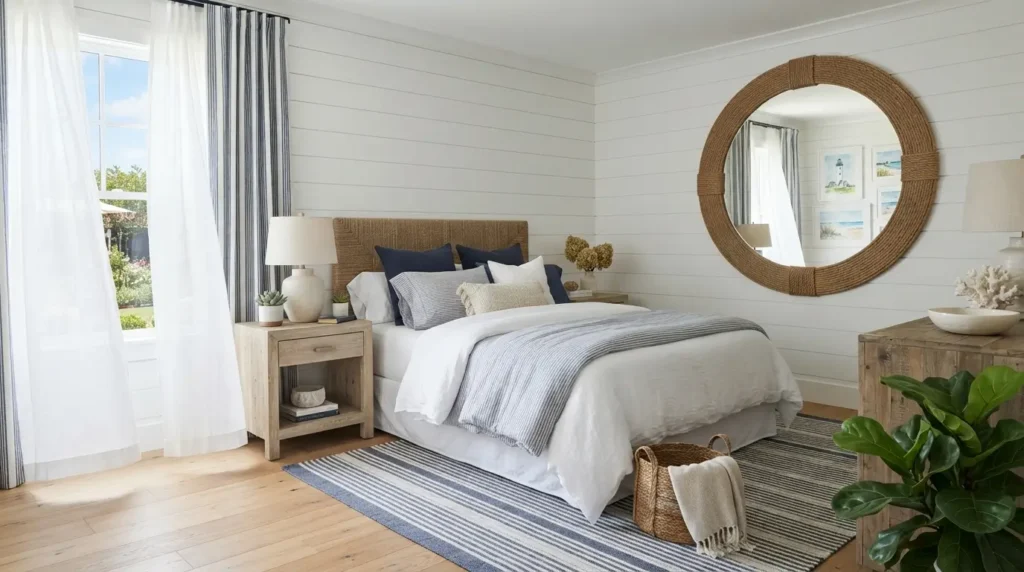 Coastal style blue and white girl's bedroom with rope accents

