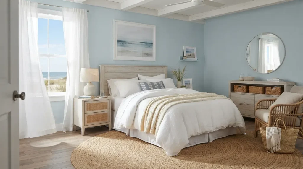 Coastal style light blue bedroom with white linens and light wood furniture