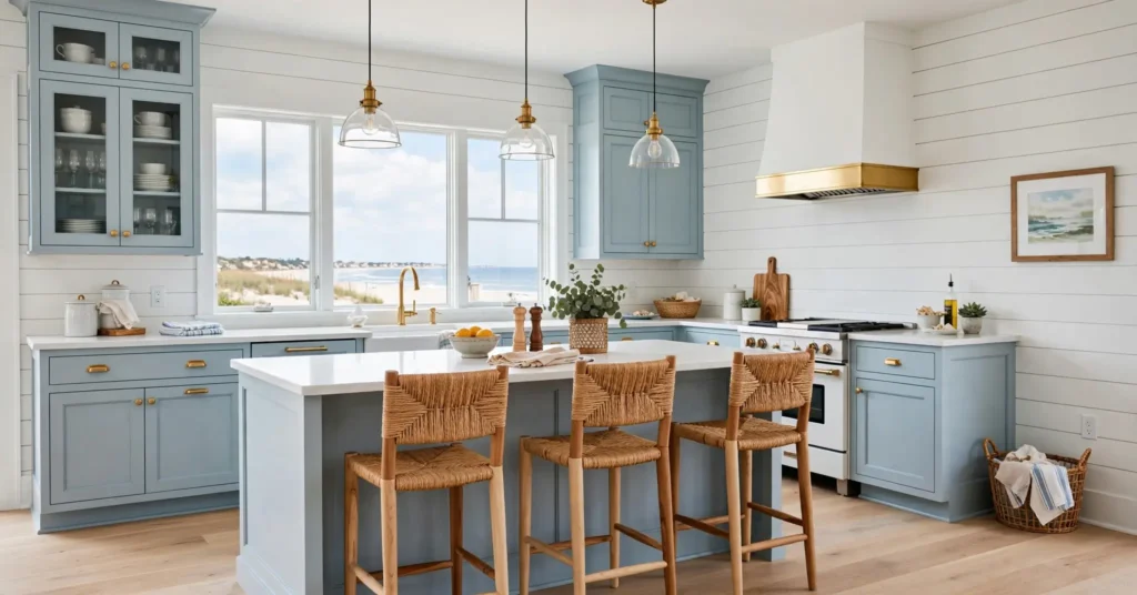 Coastal light blue kitchen cabinets with white countertops and wood accents