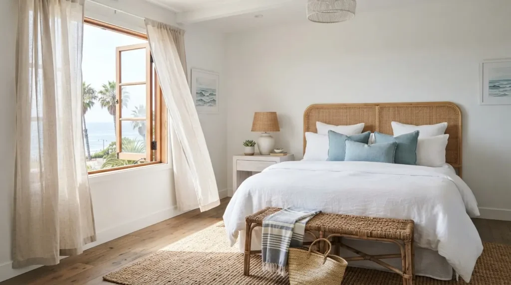 Coastal style white bedroom with blue accents and rattan furniture
