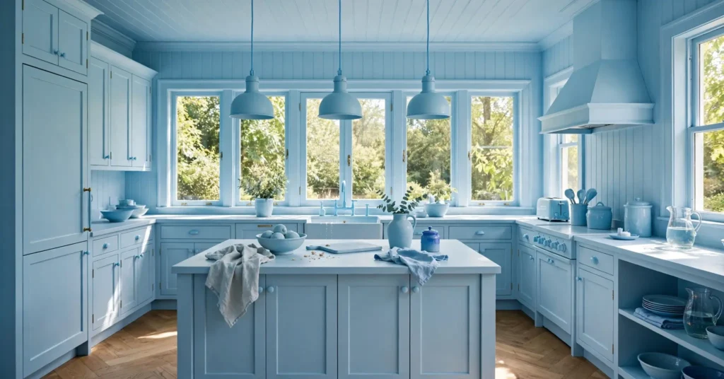 Fully color drenched kitchen with matching light blue walls ceiling and cabinets

