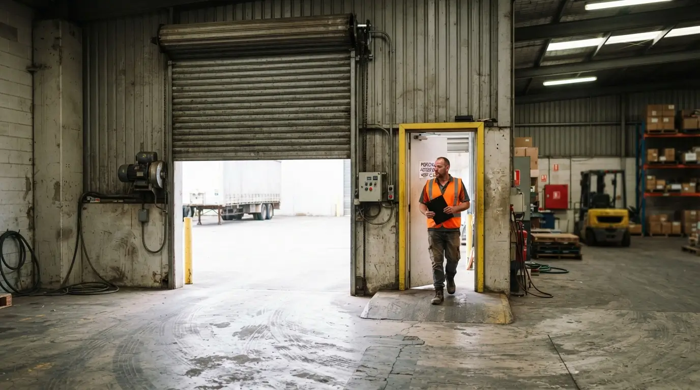 Warehouse worker using entry door beside a commercial garage door