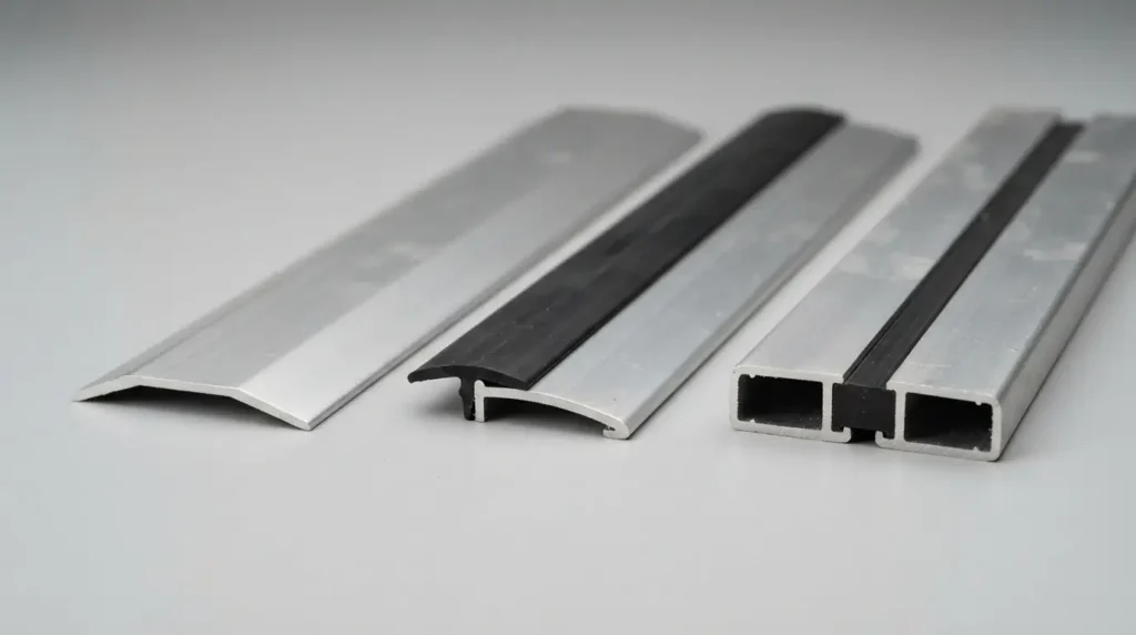Three door threshold profiles shown side by side: saddle, bumper seal, and thermal break
