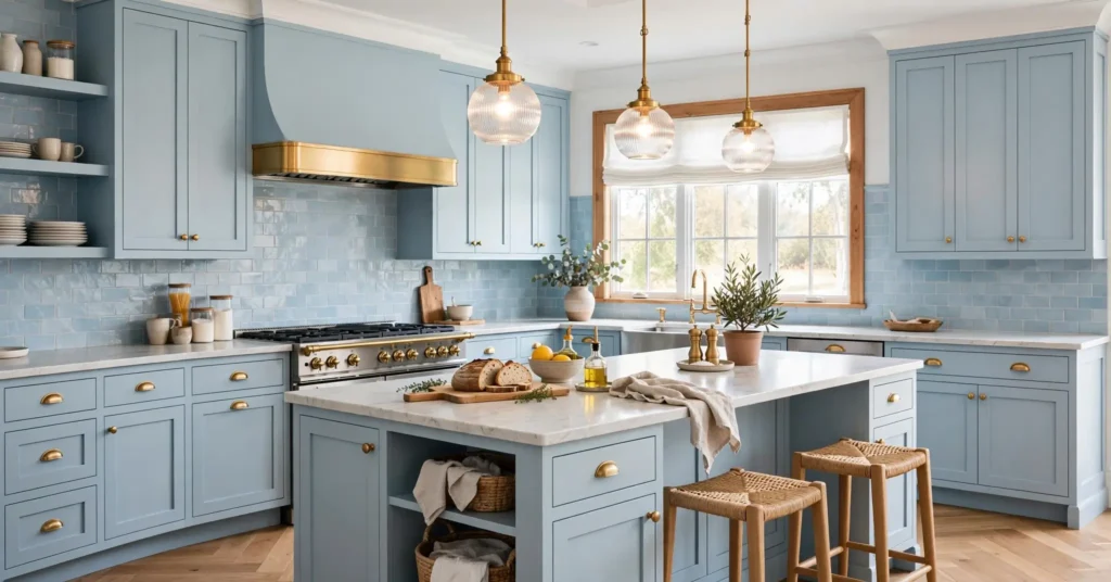 Full view of finished light blue kitchen cabinets design