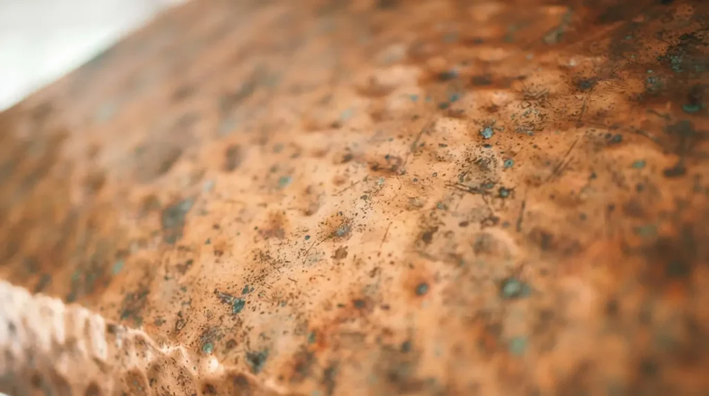 Close-up of a copper range hood developing a natural patina
