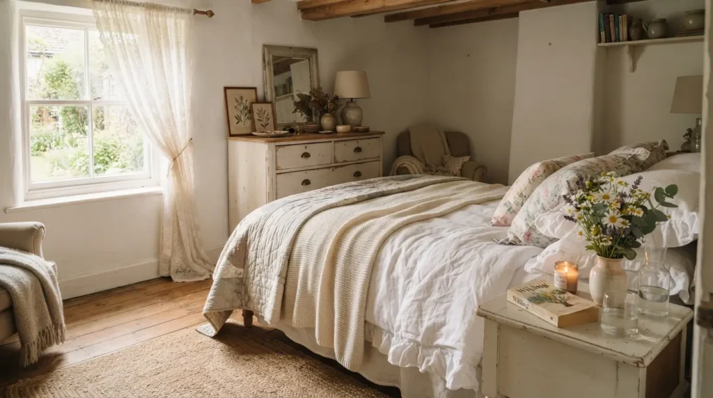 Cottagecore white bedroom with vintage furniture and floral bedding
