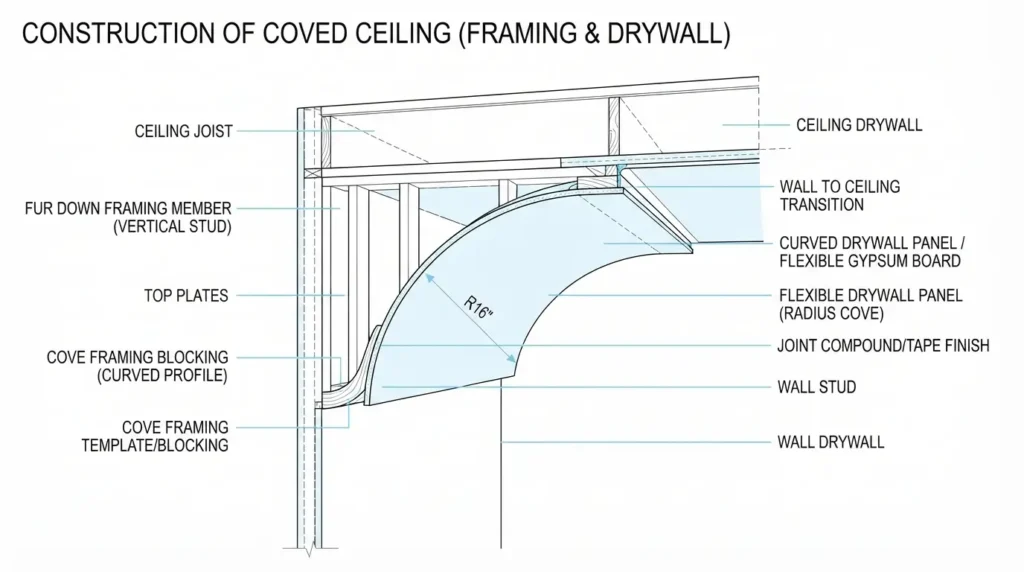 Technical diagram showing the fur down framing and curved drywall construction of a coved ceiling
