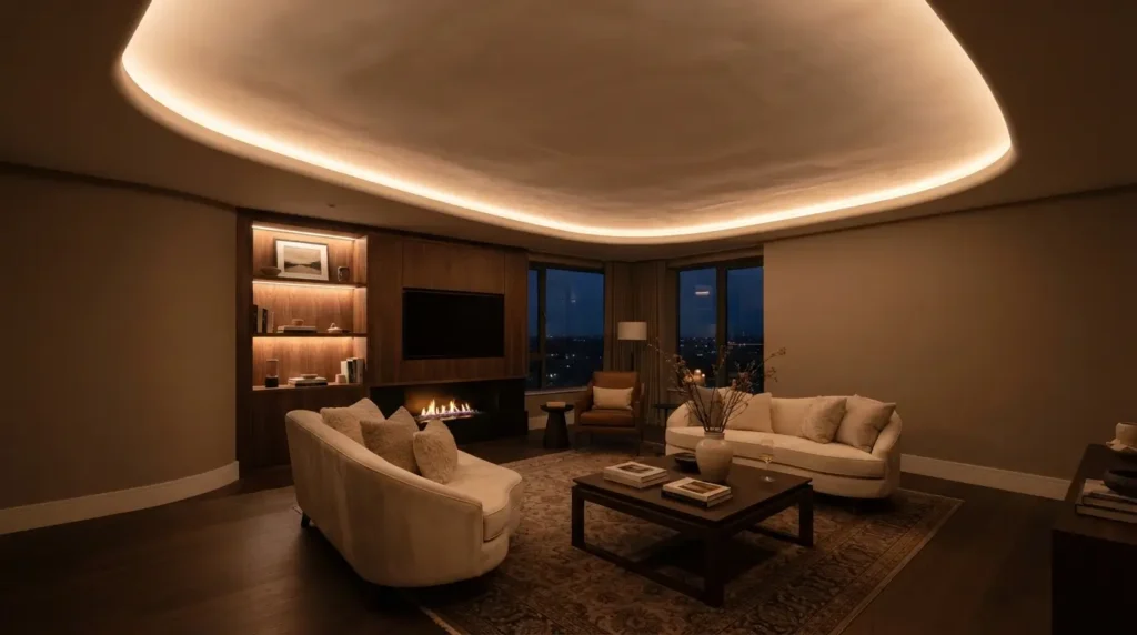Warm LED cove lighting glowing softly inside the reveal gap of a coved ceiling at dusk
