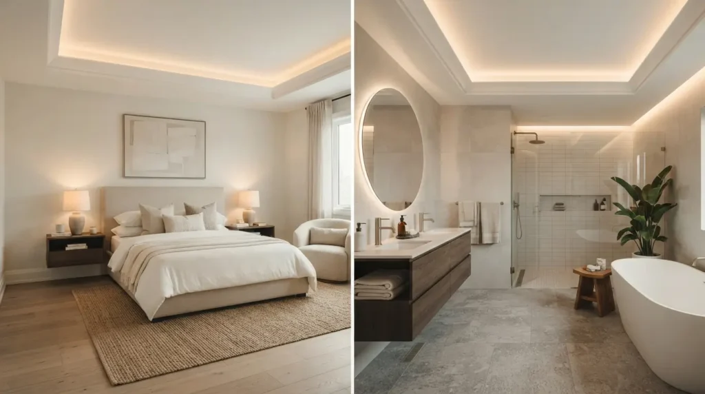 Side by side comparison of coved ceiling designs in a bedroom and a bathroom
