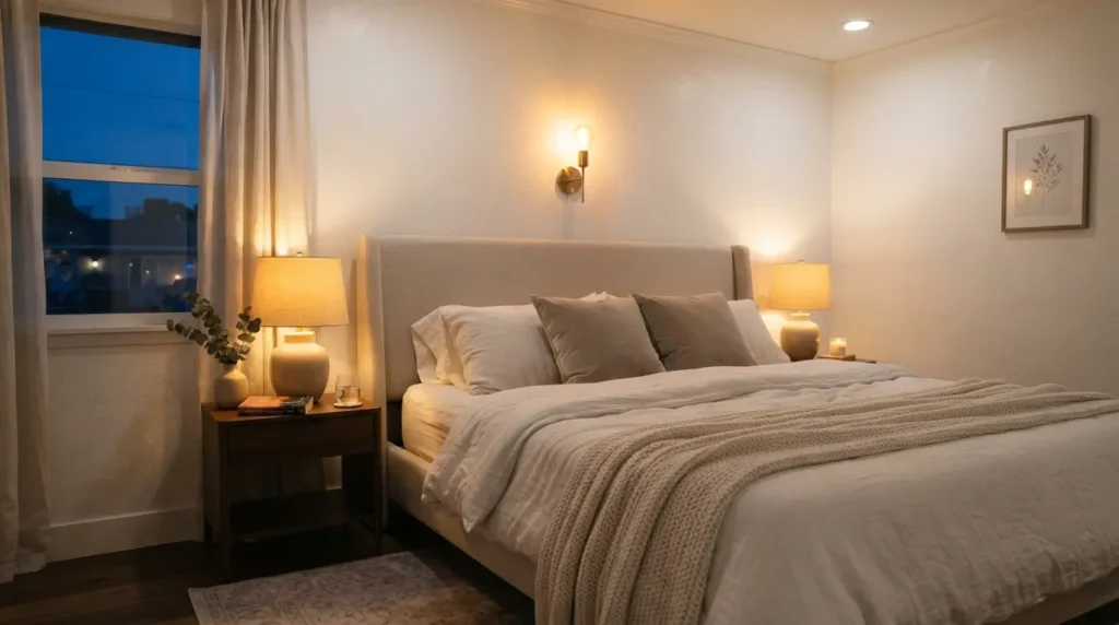 White bedroom with layered lighting from lamp and wall sconce
