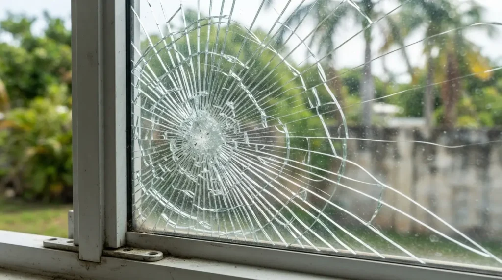 Hurricane impact window glass cracked but held together after storm impact