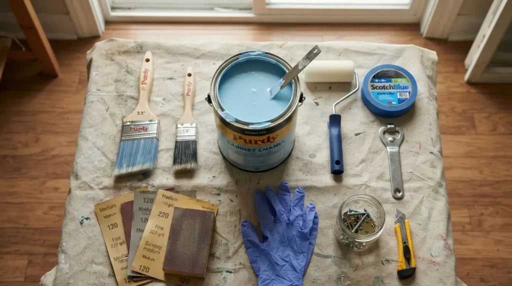 DIY supplies for painting kitchen cabinets light blue laid out on counter