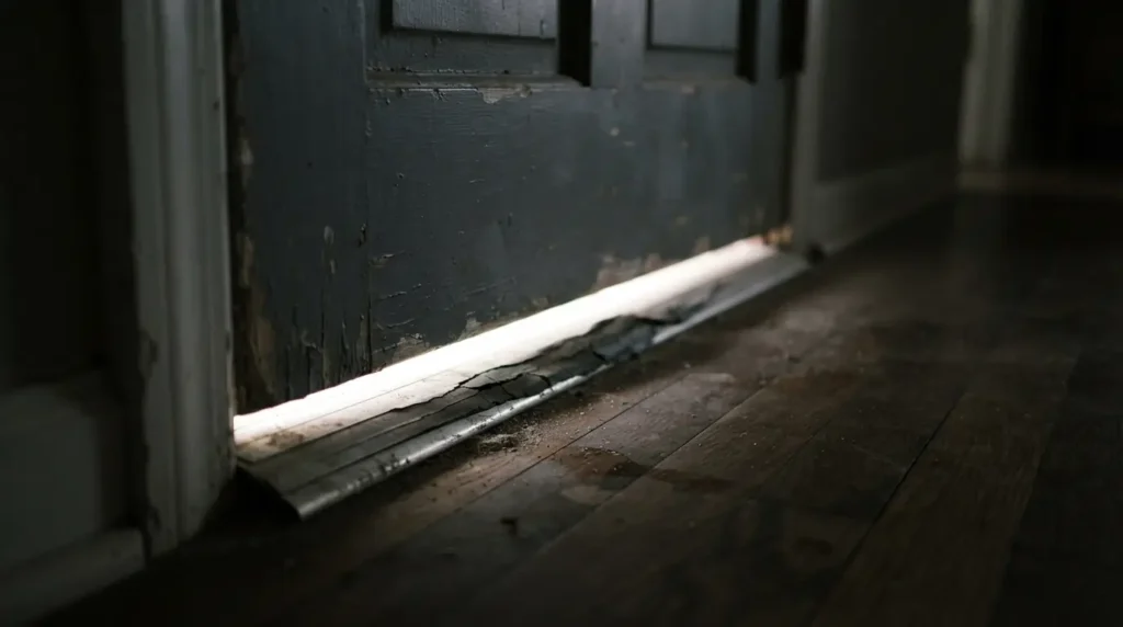 Daylight showing through the gap under a door with a worn threshold seal
