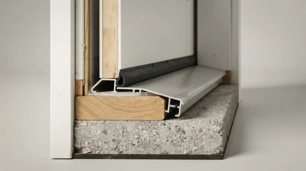 Cross-section view showing a door threshold resting on top of the door sill
