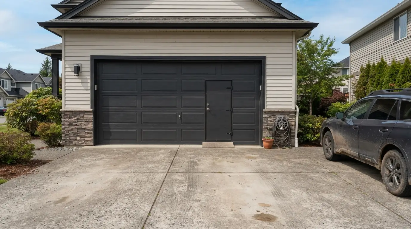 Double garage door with a built-in pedestrian entry door