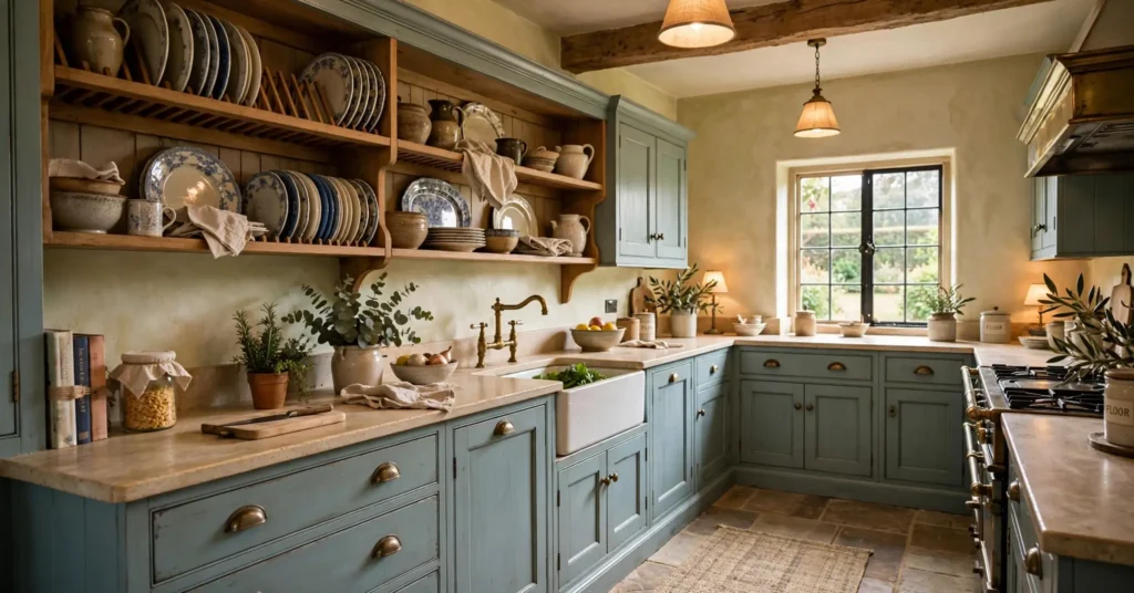  Duck egg blue kitchen cabinets with green gray undertone
