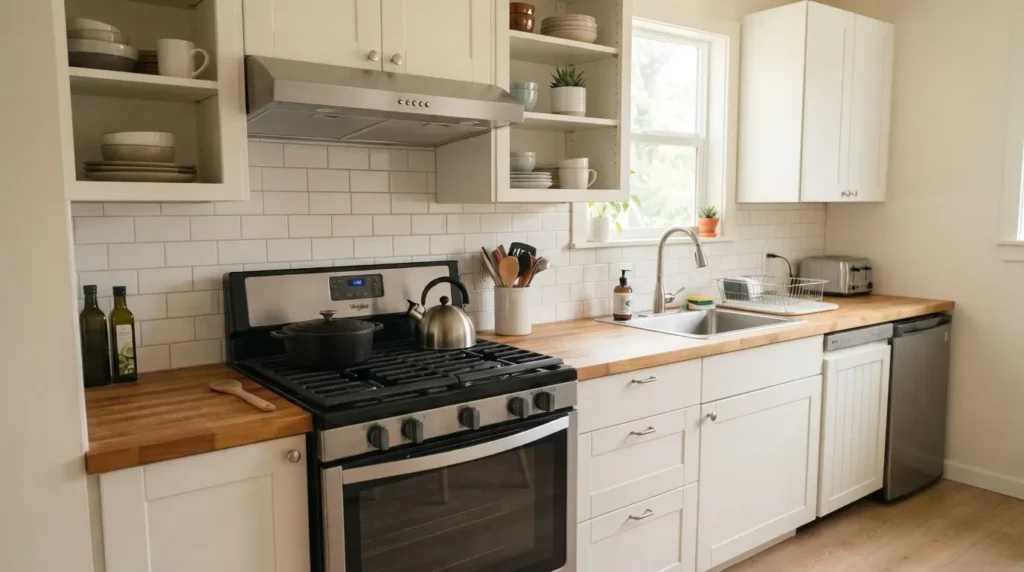 Ductless range hood installed in a kitchen with no exterior wall
