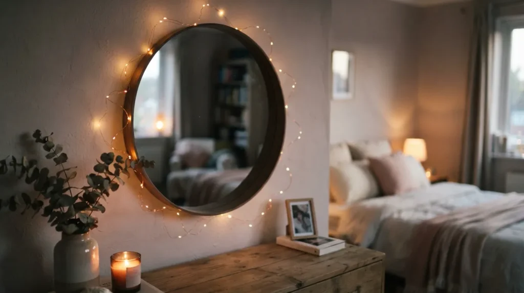 Thin string fairy lights draped around the edge of a round bedroom mirror, small bulbs creating a soft twinkle effect
