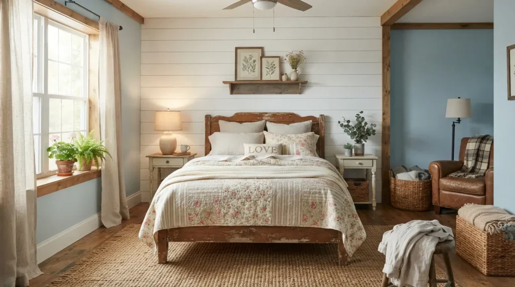 Farmhouse style bedroom with light blue walls and white shiplap accent