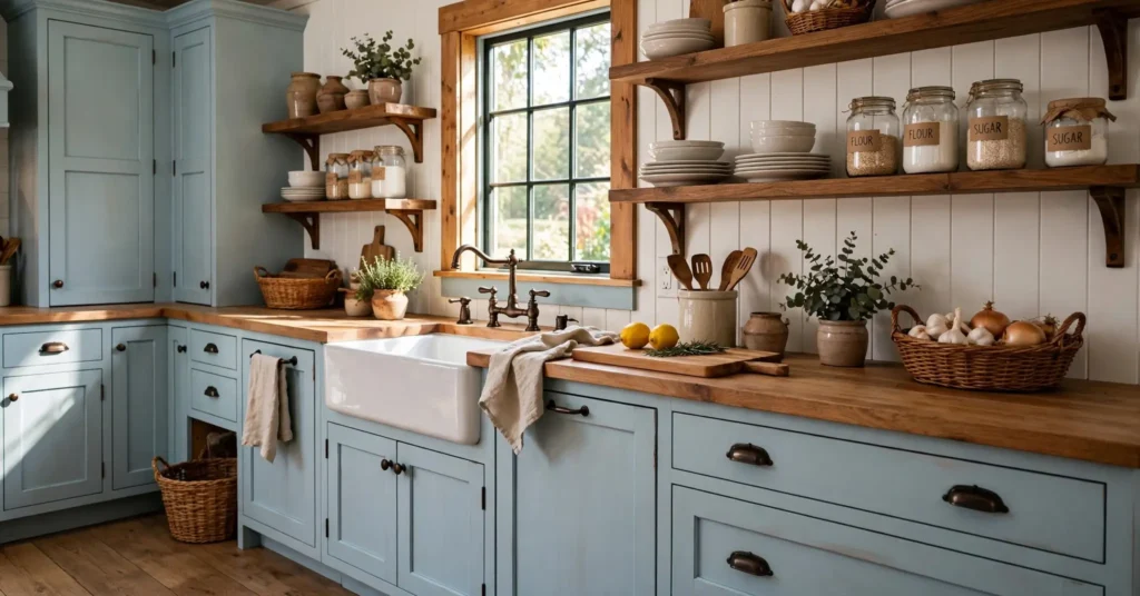 Farmhouse light blue kitchen cabinets with wood shelving and black hardware
