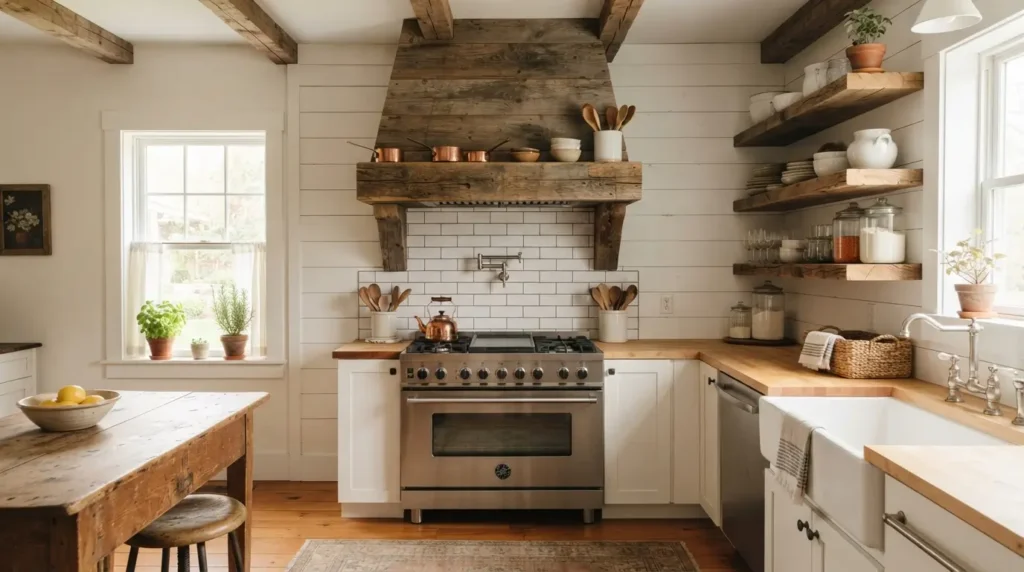 Farmhouse kitchen with a wood mantel range hood over a shiplap wall