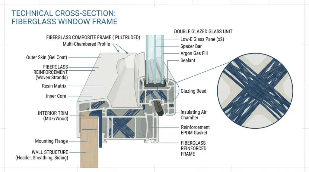 Cross-section diagram showing glass fibers bonded with resin inside a fiberglass window frame