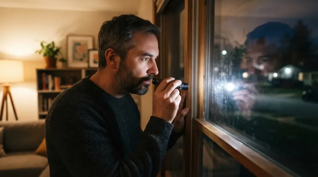  Person shining flashlight on window glass to test if it is impact rated
