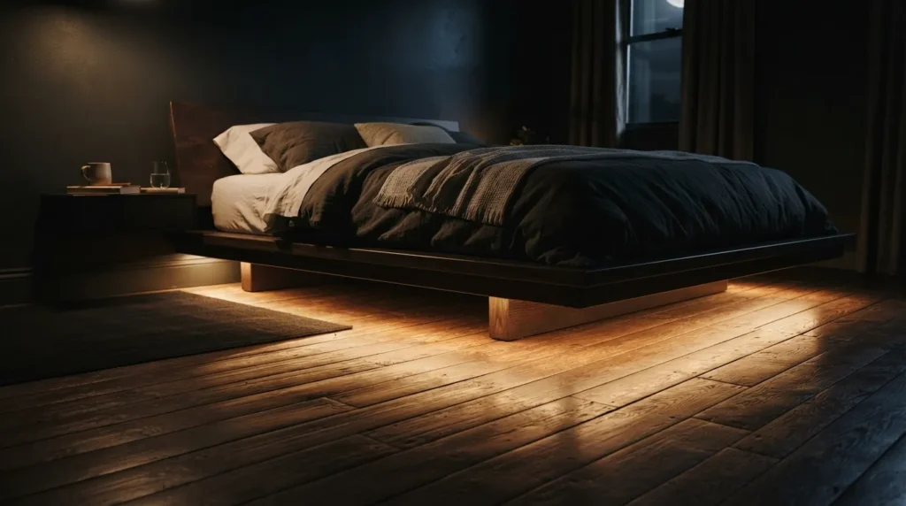 A low platform bed glowing softly underneath from an LED strip hidden along the frame, creating a floating appearance above the floor