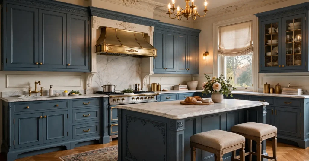 French blue kitchen cabinets deep muted tone in classic kitchen
