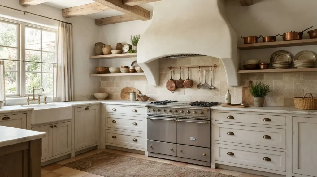 French Country kitchen with a smooth hand-applied plaster range hood
