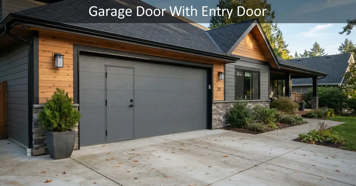 Garage door with a built-in entry door on a house driveway