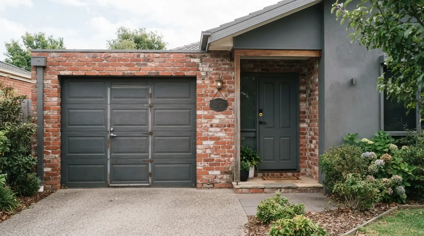Garage door with built-in entry door beside a matching front door