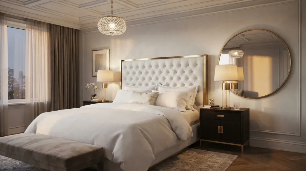 Glamorous white bedroom with gold accents and large mirror
