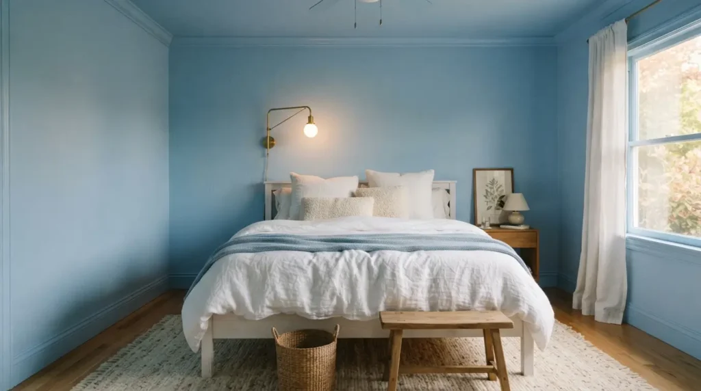 Color drenched bedroom with matching light blue walls, trim, and ceiling