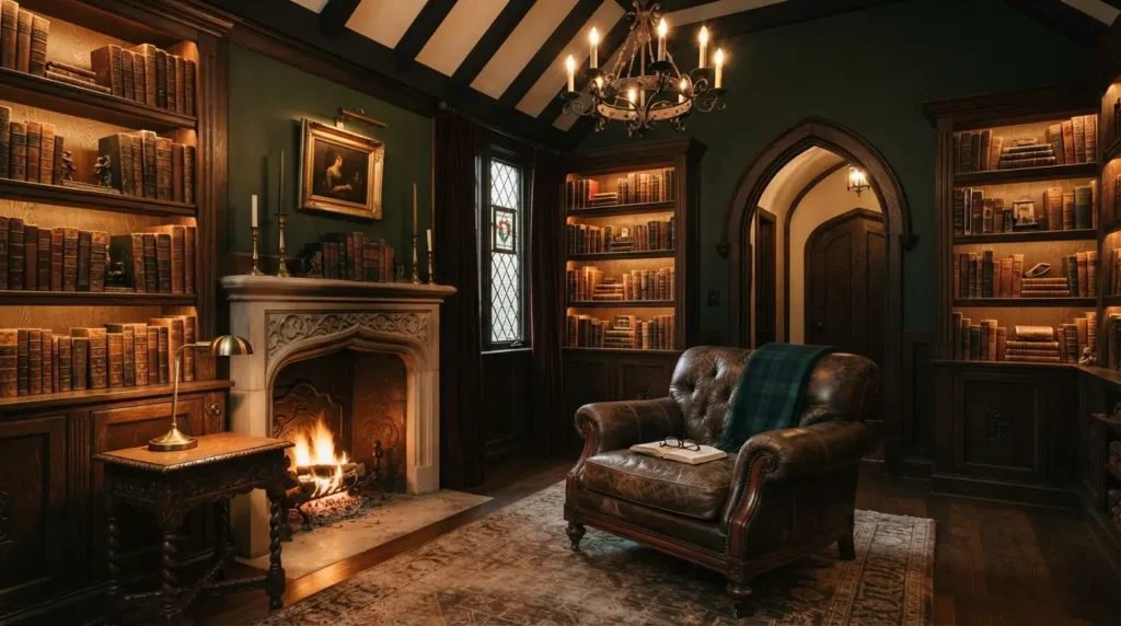 Gothic style interior library corner with dark wood shelving and warm lighting