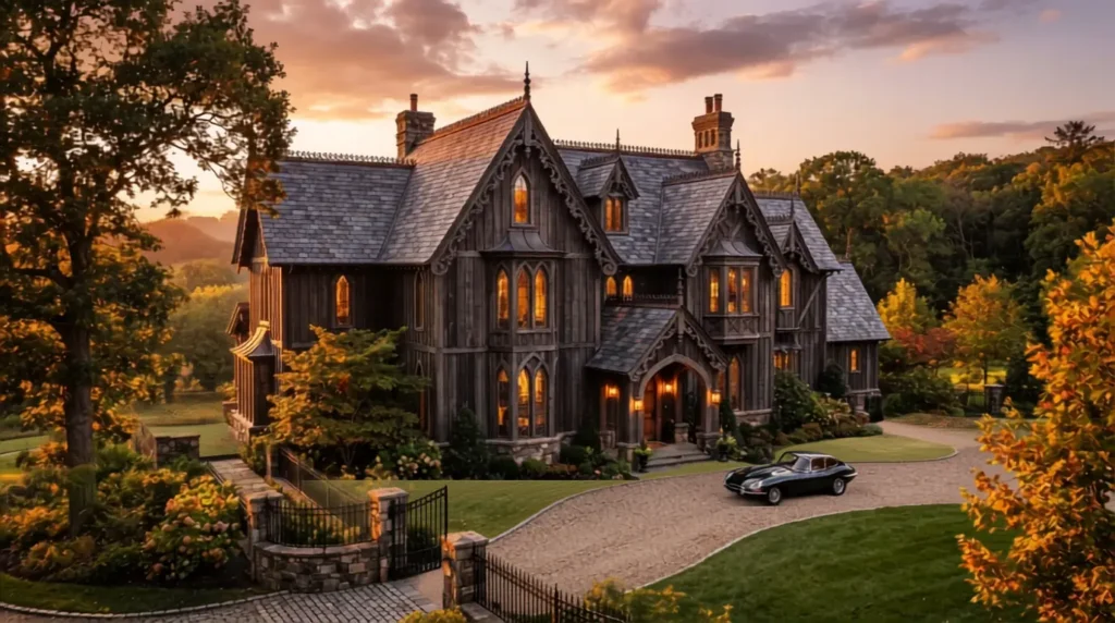 Gothic style house with steep gabled roof and pointed arch windows at sunset