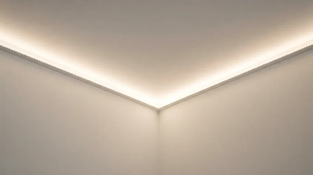 A bedroom ceiling corner with a hidden LED strip glowing behind a small trim ledge, the light source itself not visible

