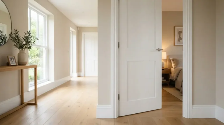 Modern wooden hinged interior door in a bright hallway
