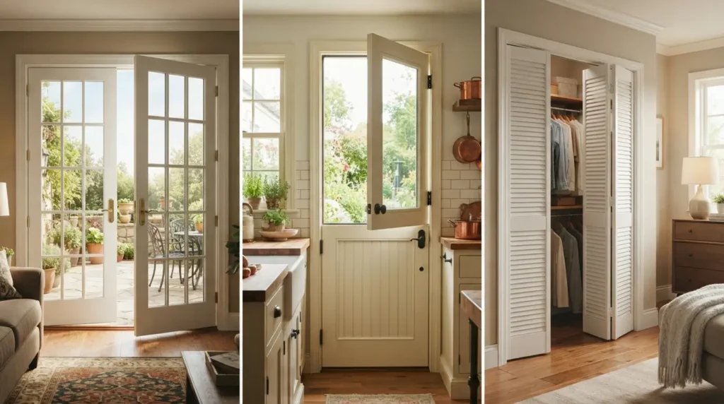  French doors, Dutch door, and folding door styles side by side
