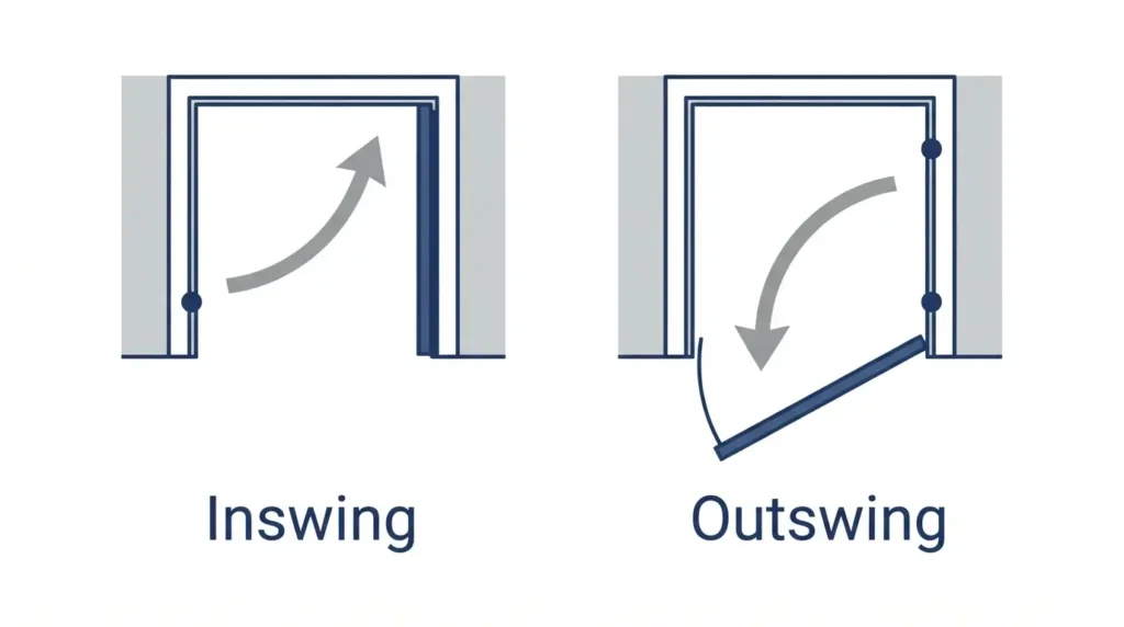  Diagram showing inswing and outswing hinged door directions
